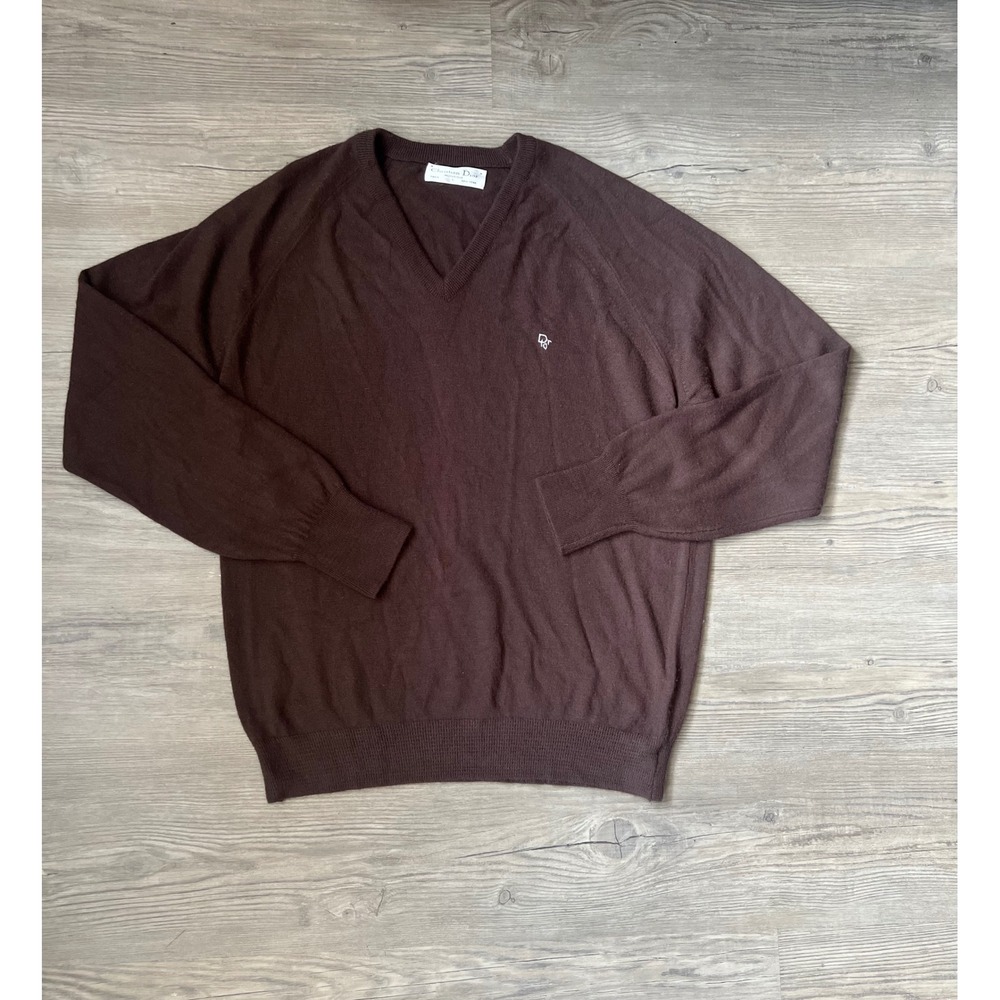 Vintage Christian Dior Men's Monsieur V-Neck Sweater Brown Acrylic Size Large